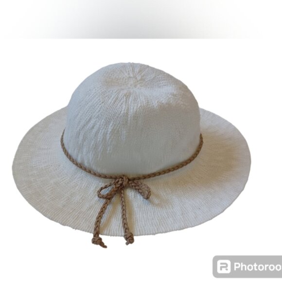 Women's White Sun Hat with Brown Tie - Picture 1 of 7